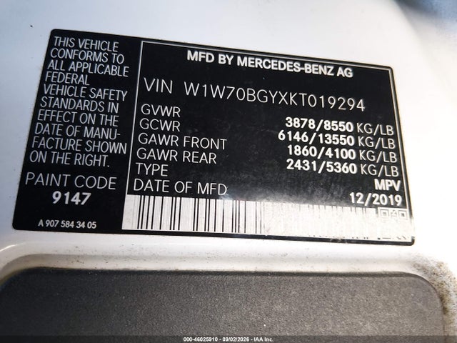 46025910 :رقم المزاد ، W1W70BGYXKT019294 vin ، 2019 Mercedes-benz Sprinter 1500 Standard Roof I4 مزاد بيع