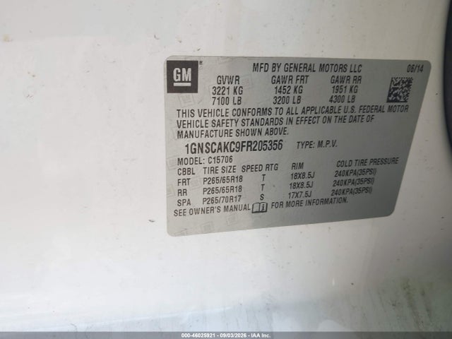 46025921 :رقم المزاد ، 1GNSCAKC9FR205356 vin ، 2015 Chevrolet Tahoe Ls مزاد بيع
