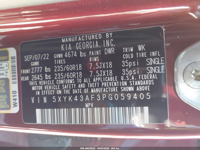 46025923 :رقم المزاد ، 5XYK43AF3PG059405 vin ، 2023 Kia Sportage Sx مزاد بيع