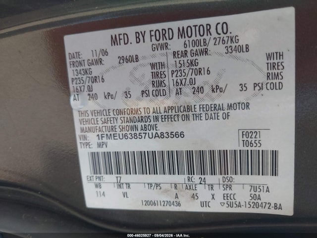 2007 Ford Explorer Xlt მანქანა იყიდება აუქციონზე, vin: 1FMEU63857UA83566, აუქციონის ნომერი: 46025927