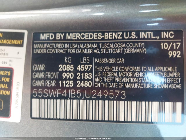 Aukcja sprzedaży 2018 Mercedes-benz C 300, vin: 55SWF4JB5JU249573, numer aukcji: 46025931