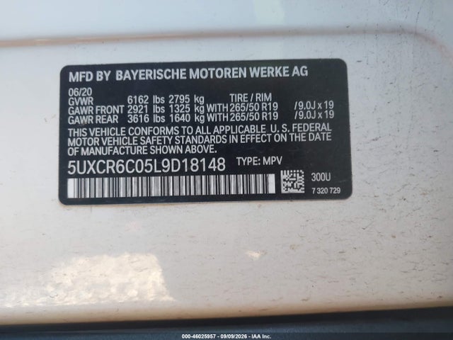 46025957 :رقم المزاد ، 5UXCR6C05L9D18148 vin ، 2020 Bmw X5 Xdrive40i مزاد بيع