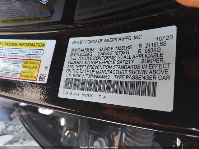 Aukcja sprzedaży 2021 Honda Accord Sport, vin: 1HGCV1F32MA004669, numer aukcji: 46025965