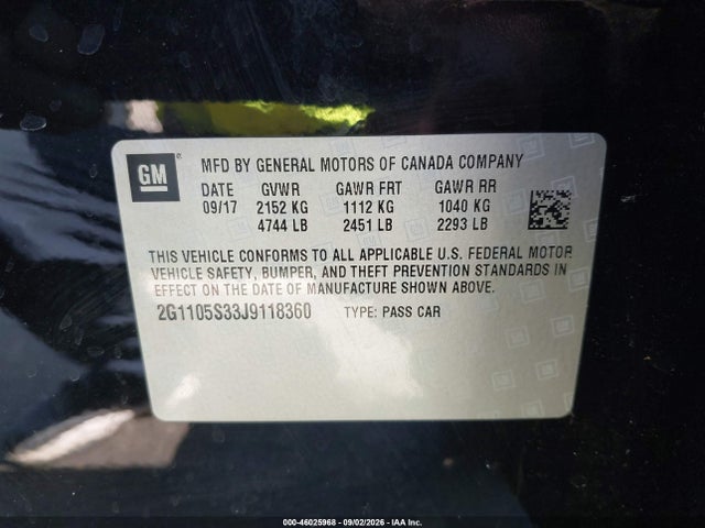 46025968 :رقم المزاد ، 2G1105S33J9118360 vin ، 2018 Chevrolet Impala 1lt مزاد بيع