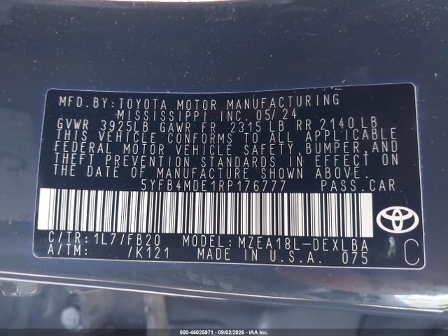 46025971 :رقم المزاد ، 5YFB4MDE1RP176777 vin ، 2024 Toyota Corolla Le مزاد بيع