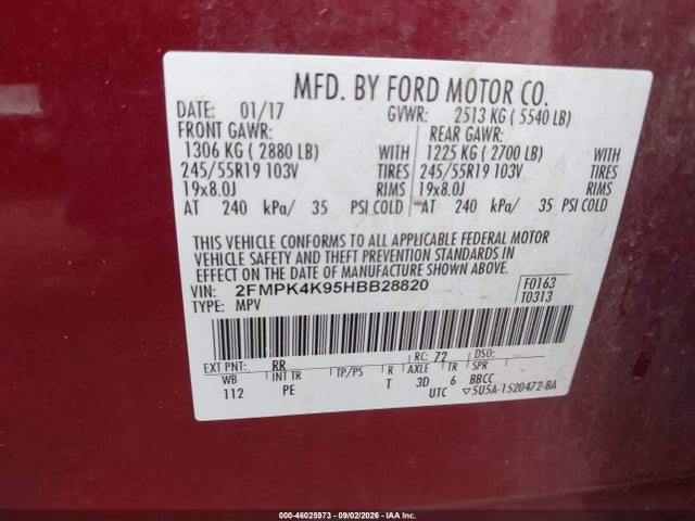 46025973 :رقم المزاد ، 2FMPK4K95HBB28820 vin ، 2017 Ford Edge Titanium مزاد بيع