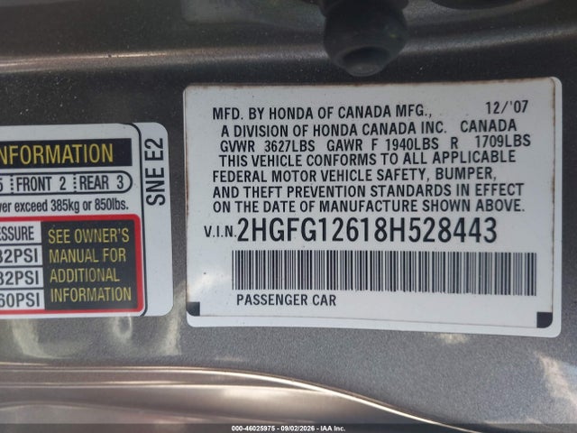 46025975 :رقم المزاد ، 2HGFG12618H528443 vin ، 2008 Honda Civic Lx مزاد بيع