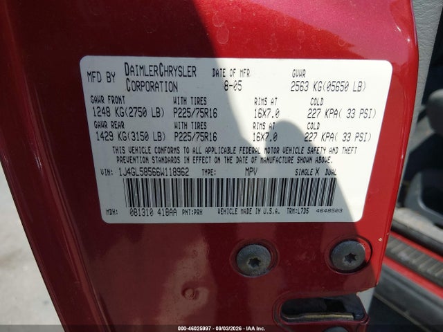 Aukcja sprzedaży 2006 Jeep Liberty Limited Edition, vin: 1J4GL58566W118962, numer aukcji: 46025997