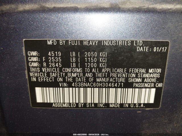 2017 Subaru Legacy 2.5i Premium მანქანა იყიდება აუქციონზე, vin: 4S3BNAC60H3046471, აუქციონის ნომერი: 46025998