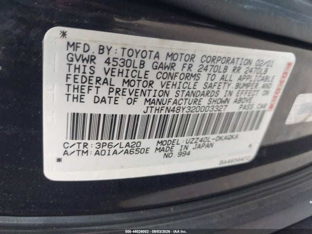 46026002 :رقم المزاد ، JTHFN48Y320003327 vin ، 2002 Lexus Sc 430 مزاد بيع