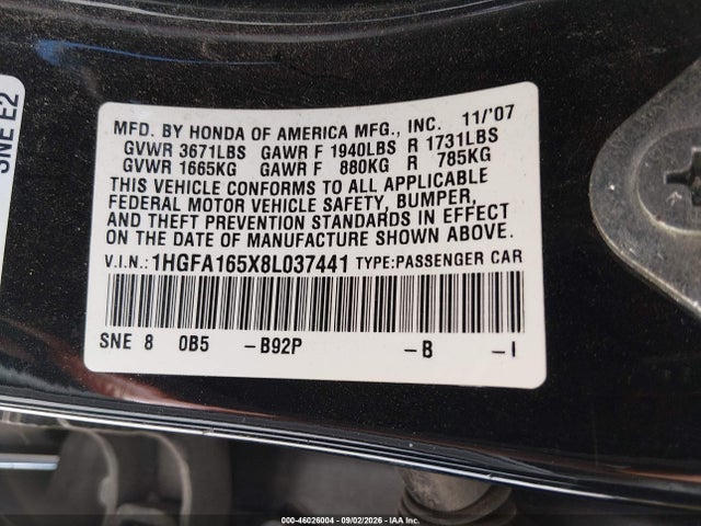 46026004 :رقم المزاد ، 1HGFA165X8L037441 vin ، 2008 Honda Civic Lx مزاد بيع