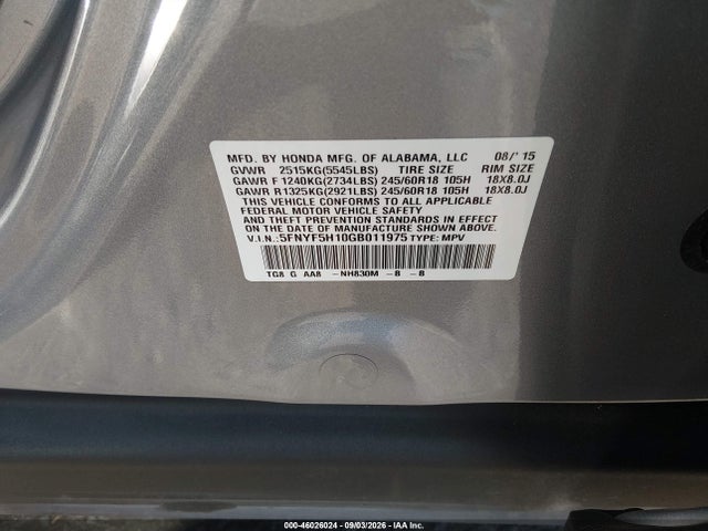 5FNYF5H10GB011975 Honda PILOT LX