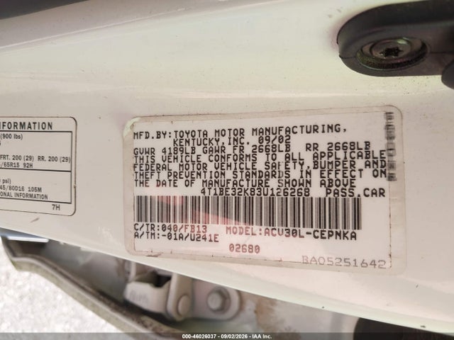 Продаж на аукціоні авто 2003 Toyota Camry Le, vin: 4T1BE32K83U126268, номер лоту: 46026037