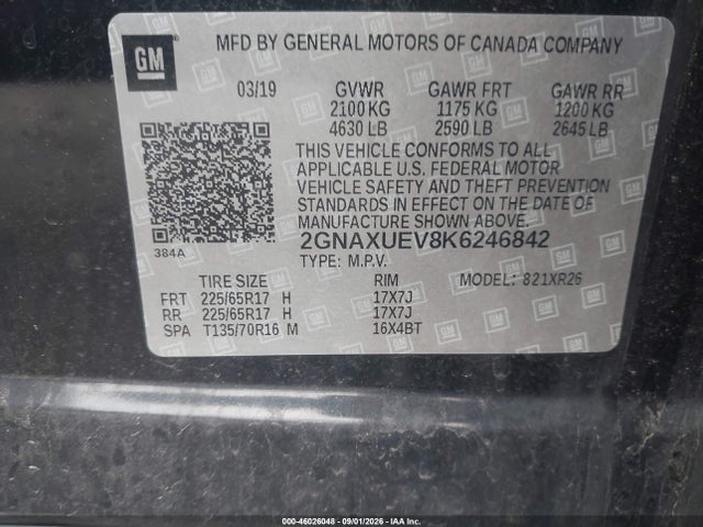 46026048 :رقم المزاد ، 2GNAXUEV8K6246842 vin ، 2019 Chevrolet Equinox Lt مزاد بيع