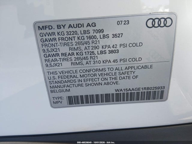Продаж на аукціоні авто 2024 Audi Q8 E-tron Premium Plus Quattro, vin: WA15AAGE1RB025933, номер лоту: 46026049