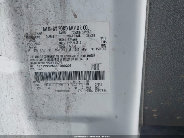 Aukcja sprzedaży 2008 Ford F-150 60th Anniversary/fx2/king Ranch/lariat/limited/xlt, vin: 1FTPW12568FB00205, numer aukcji: 46026052