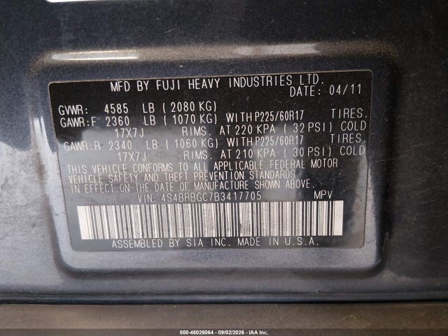 Aukcja sprzedaży 2011 Subaru Outback 2.5i Premium, vin: 4S4BRBGC7B3417705, numer aukcji: 46026064