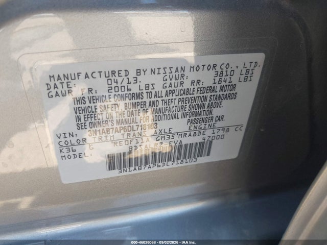 2013 Nissan Sentra Sr მანქანა იყიდება აუქციონზე, vin: 3N1AB7AP6DL718103, აუქციონის ნომერი: 46026068
