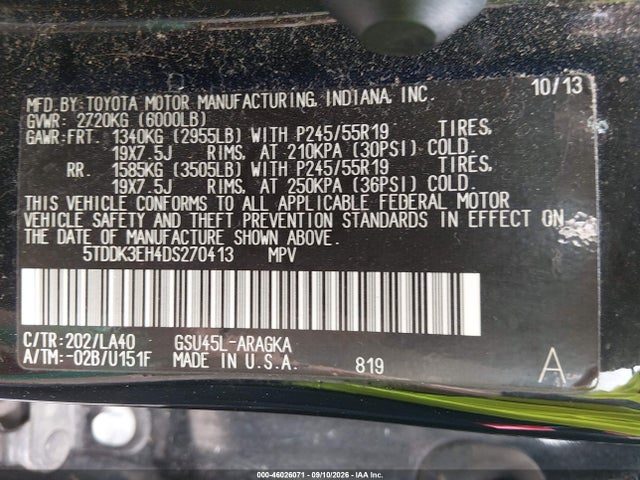Продажа на аукционе авто 2013 Toyota Highlander Limited V6, vin: 5TDDK3EH4DS270413, номер лота: 46026071