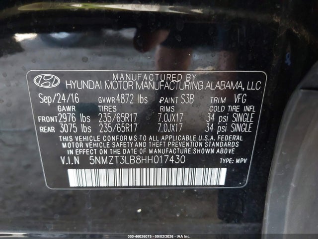 2017 Hyundai Santa Fe Sport 2.4l მანქანა იყიდება აუქციონზე, vin: 5NMZT3LB8HH017430, აუქციონის ნომერი: 46026075