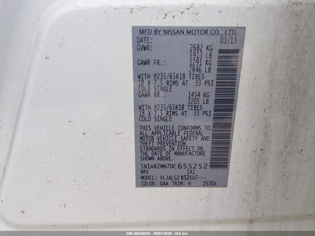 2013 Nissan Pathfinder Sl მანქანა იყიდება აუქციონზე, vin: 5N1AR2MN7DC655252, აუქციონის ნომერი: 46026082