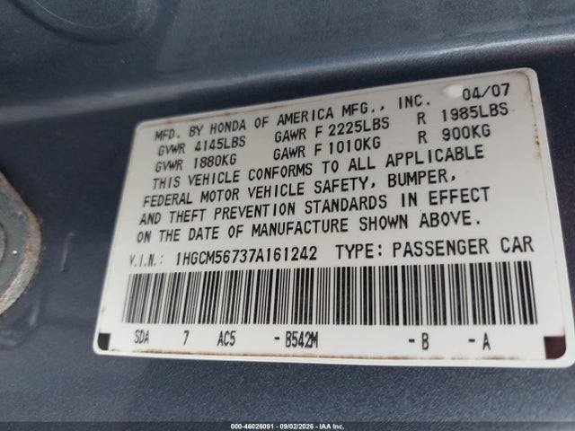 Продаж на аукціоні авто 2007 Honda Accord 2.4 Ex, vin: 1HGCM56737A161242, номер лоту: 46026091