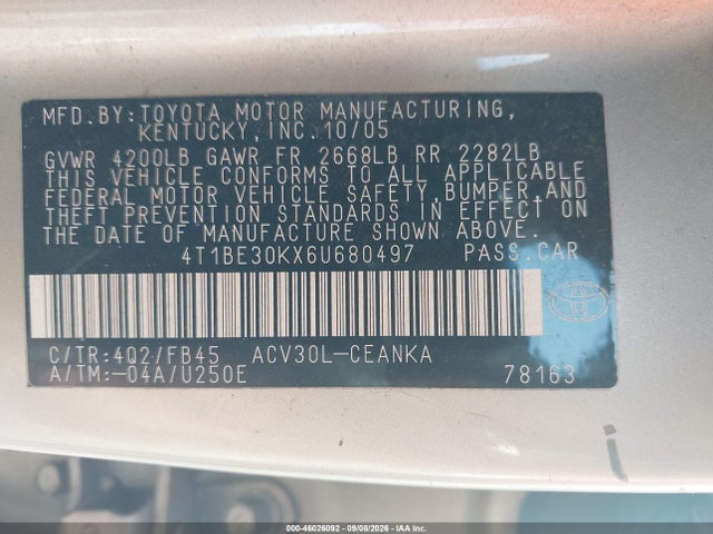 2006 Toyota Camry Le მანქანა იყიდება აუქციონზე, vin: 4T1BE30KX6U680497, აუქციონის ნომერი: 46026092