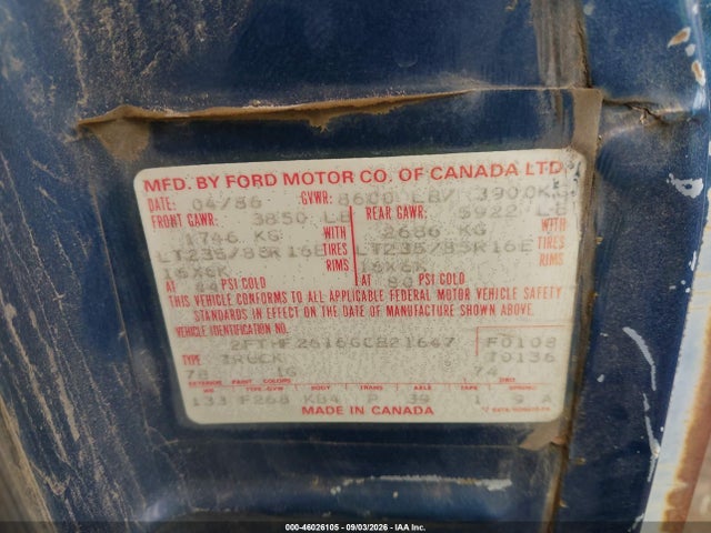 1986 Ford F250 მანქანა იყიდება აუქციონზე, vin: 2FTHF2616GCB21647, აუქციონის ნომერი: 46026105