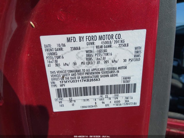 46026114 :رقم المزاد ، 1FMYU03117KB26583 vin ، 2007 Ford Escape مزاد بيع