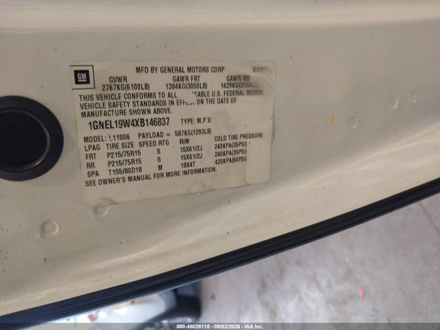 Продаж на аукціоні авто 1999 Chevrolet Astro Passenger, vin: 1GNEL19W4XB146837, номер лоту: 46026118