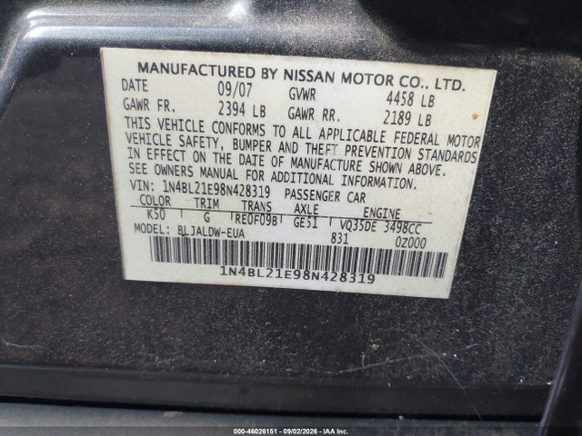 2008 Nissan Altima 3.5 Se მანქანა იყიდება აუქციონზე, vin: 1N4BL21E98N428319, აუქციონის ნომერი: 46026151