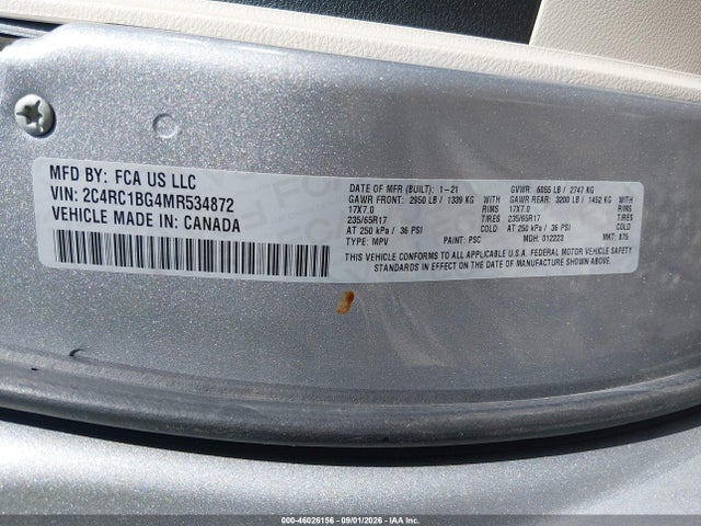 2021 Chrysler Pacifica Touring L მანქანა იყიდება აუქციონზე, vin: 2C4RC1BG4MR534872, აუქციონის ნომერი: 46026156