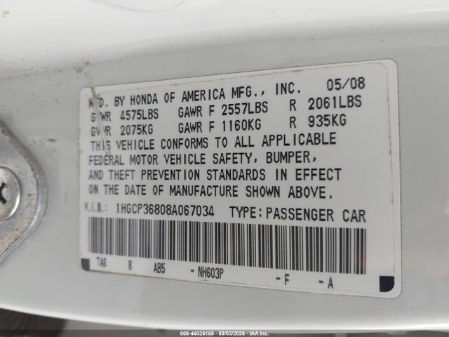 Aukcja sprzedaży 2008 Honda Accord 3.5 Ex-l, vin: 1HGCP36808A067034, numer aukcji: 46026169
