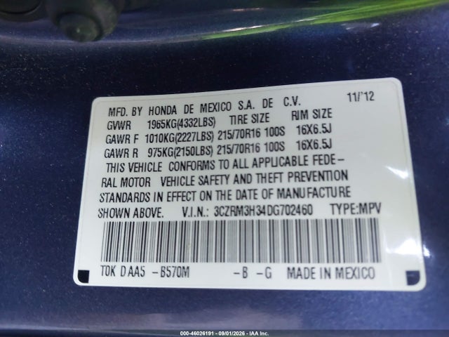 46026191 :رقم المزاد ، 3CZRM3H34DG702460 vin ، 2013 Honda Cr-v Lx مزاد بيع