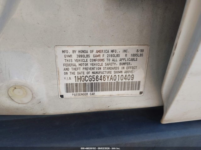 2000 Honda Accord 2.3 Lx მანქანა იყიდება აუქციონზე, vin: 1HGCG5646YA010409, აუქციონის ნომერი: 46026192