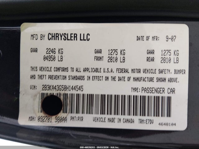 2008 Dodge Charger მანქანა იყიდება აუქციონზე, vin: 2B3KA43G58H144545, აუქციონის ნომერი: 46026203
