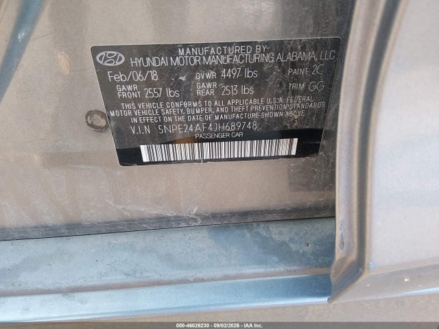 46026230 :رقم المزاد ، 5NPE24AF4JH689748 vin ، 2018 Hyundai Sonata Se مزاد بيع