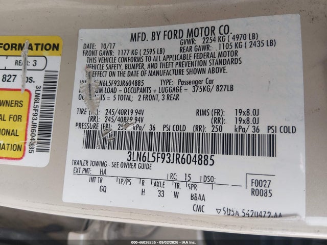 46026235 :رقم المزاد ، 3LN6L5F93JR604885 vin ، 2018 Lincoln Mkz Reserve مزاد بيع