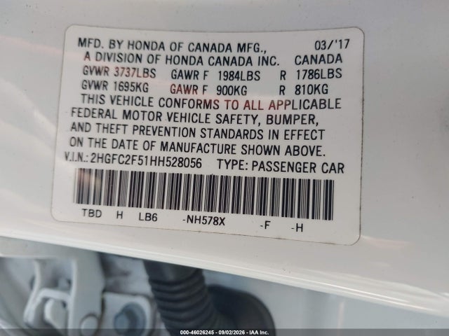 Продаж на аукціоні авто 2017 Honda Civic Lx, vin: 2HGFC2F51HH528056, номер лоту: 46026245