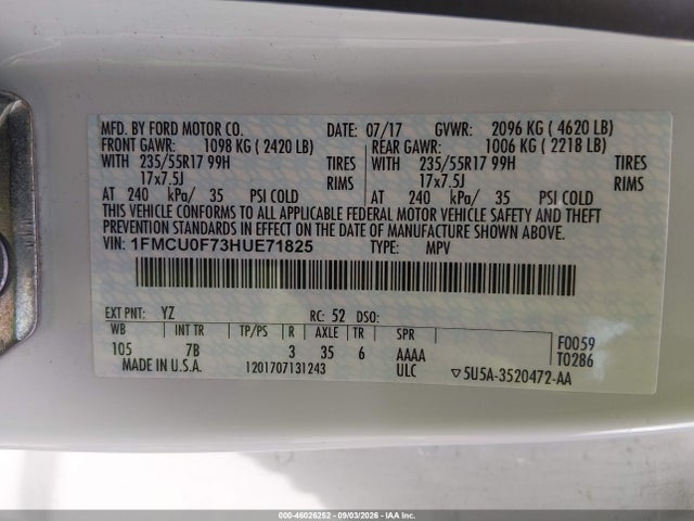 46026252 :رقم المزاد ، 1FMCU0F73HUE71825 vin ، 2017 Ford Escape S مزاد بيع