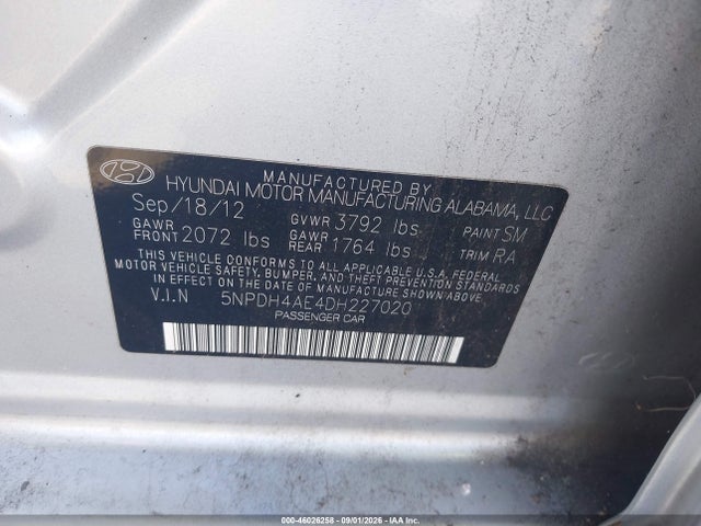 Aukcja sprzedaży 2013 Hyundai Elantra Gls, vin: 5NPDH4AE4DH227020, numer aukcji: 46026258