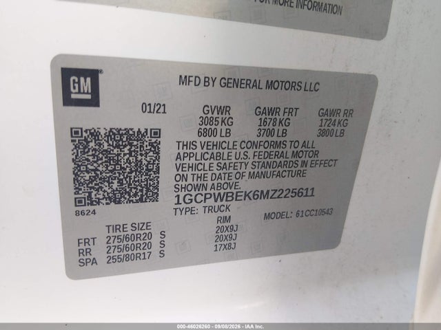Aukcja sprzedaży 2021 Chevrolet Silverado C1500 Custom, vin: 1GCPWBEK6MZ225611, numer aukcji: 46026260