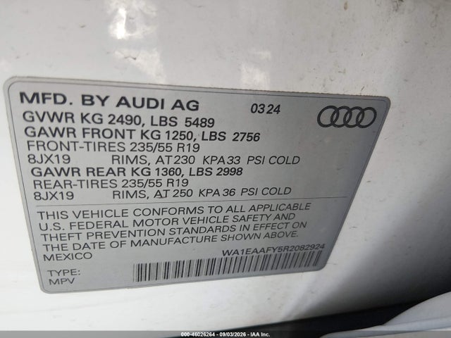 Aukcja sprzedaży 2024 Audi Q5 Premium Plus 45 Tfsi S Line Quattro, vin: WA1EAAFY5R2082924, numer aukcji: 46026264