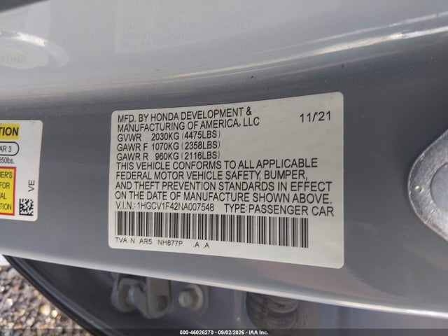 46026270 :رقم المزاد ، 1HGCV1F42NA007548 vin ، 2022 Honda Accord Sport Special Edition مزاد بيع