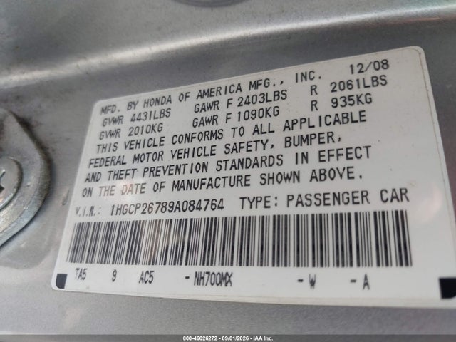 Продаж на аукціоні авто 2009 Honda Accord 2.4 Ex, vin: 1HGCP26789A084764, номер лоту: 46026272