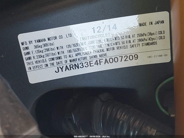 Aukcja sprzedaży 2015 Yamaha Fz09, vin: JYARN33E4FA007209, numer aukcji: 46026277