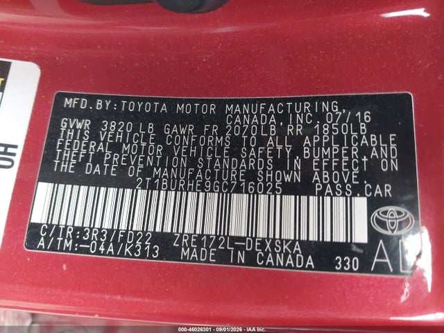 2016 Toyota Corolla S Plus მანქანა იყიდება აუქციონზე, vin: 2T1BURHE9GC716025, აუქციონის ნომერი: 46026301