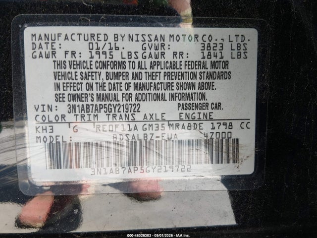 Aukcja sprzedaży 2016 Nissan Sentra S, vin: 3N1AB7AP5GY219722, numer aukcji: 46026303
