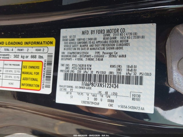 Продаж на аукціоні авто 2022 Ford Mustang Gt Premium Fastback, vin: 1FA6P8CFXN5122434, номер лоту: 46026308