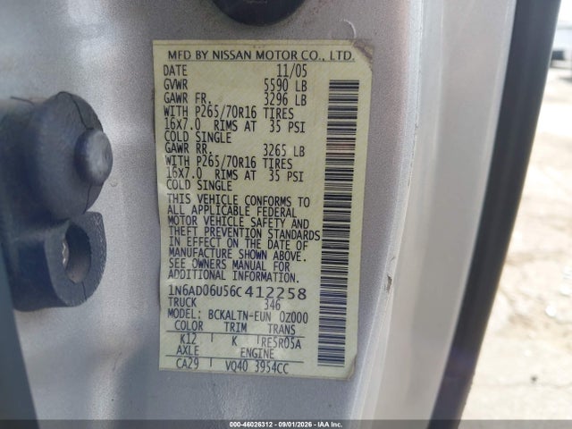 Продаж на аукціоні авто 2006 Nissan Frontier Se, vin: 1N6AD06U56C412258, номер лоту: 46026312